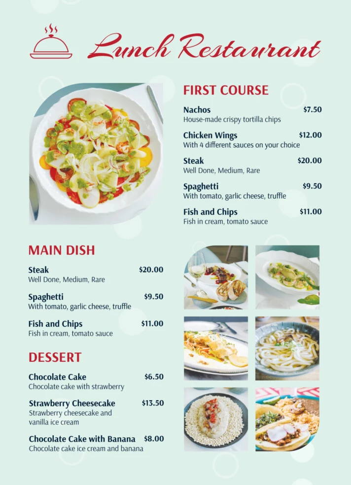 menu list for food