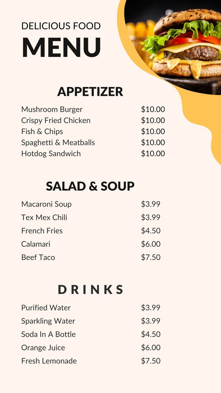 menu list for food