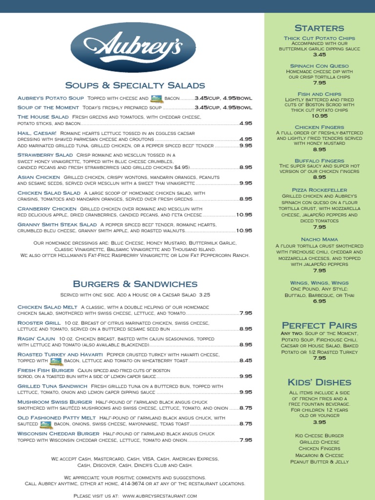 aubrey's lunch menu